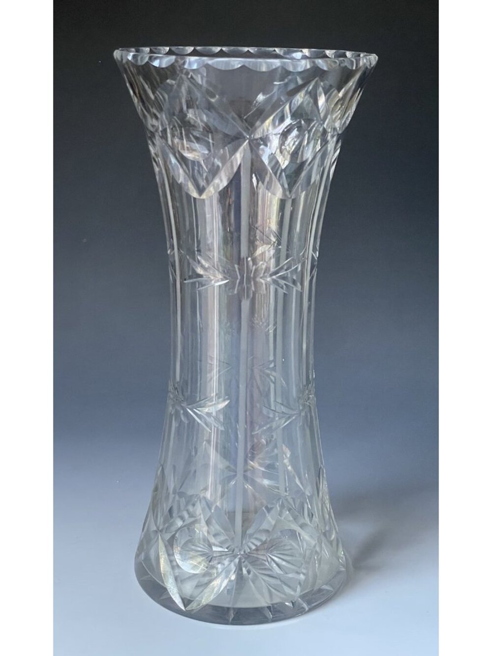 FINE 12" Antique Cut Glass Corset Vase American Brilliant Victorian Edwardian